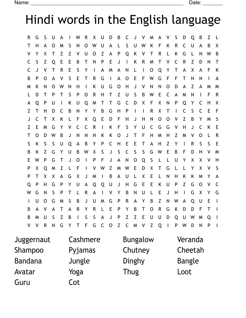 Hindi words in the English language Word Search