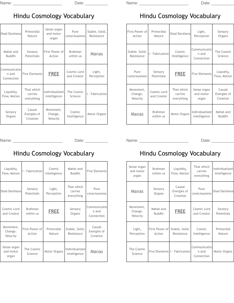 Hindu Cosmology Vocabulary Bingo Cards