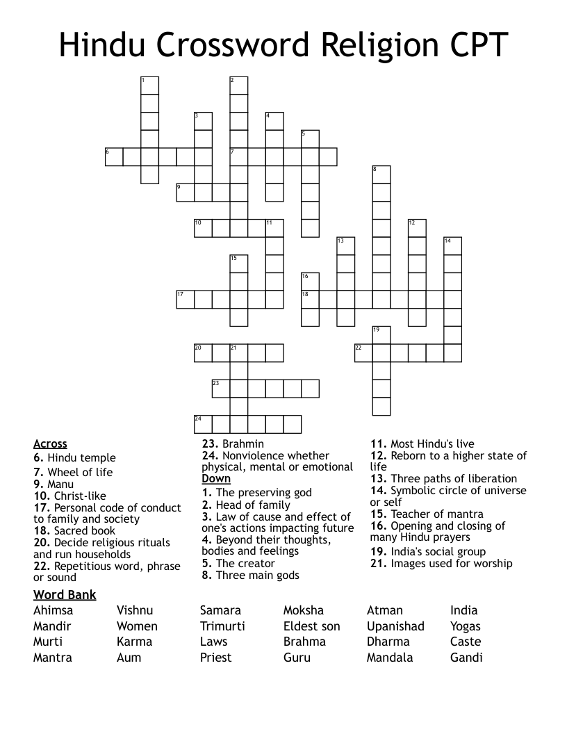 Hindu Crossword Religion CPT