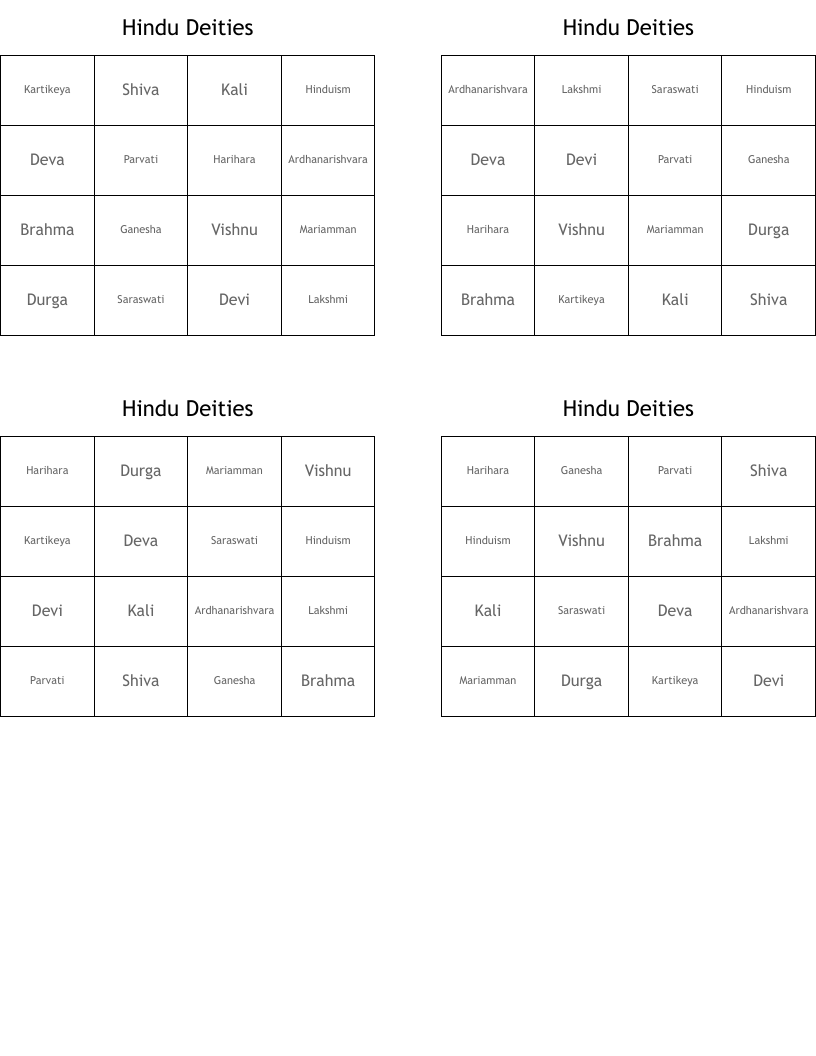 Hindu Deities Bingo Cards