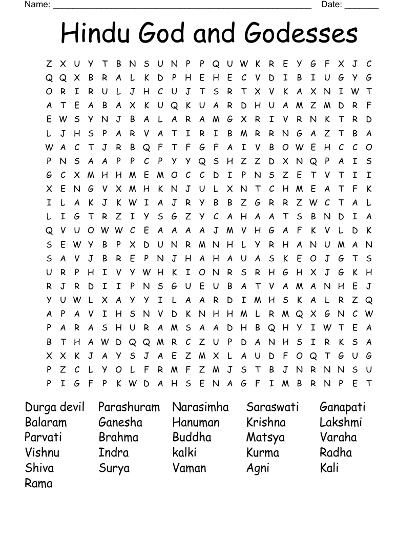 Hindu God and Godesses Word Search