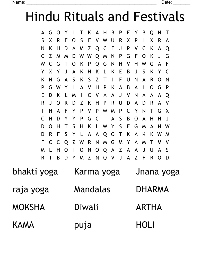 Hindu Rituals and  Festivals Word Search