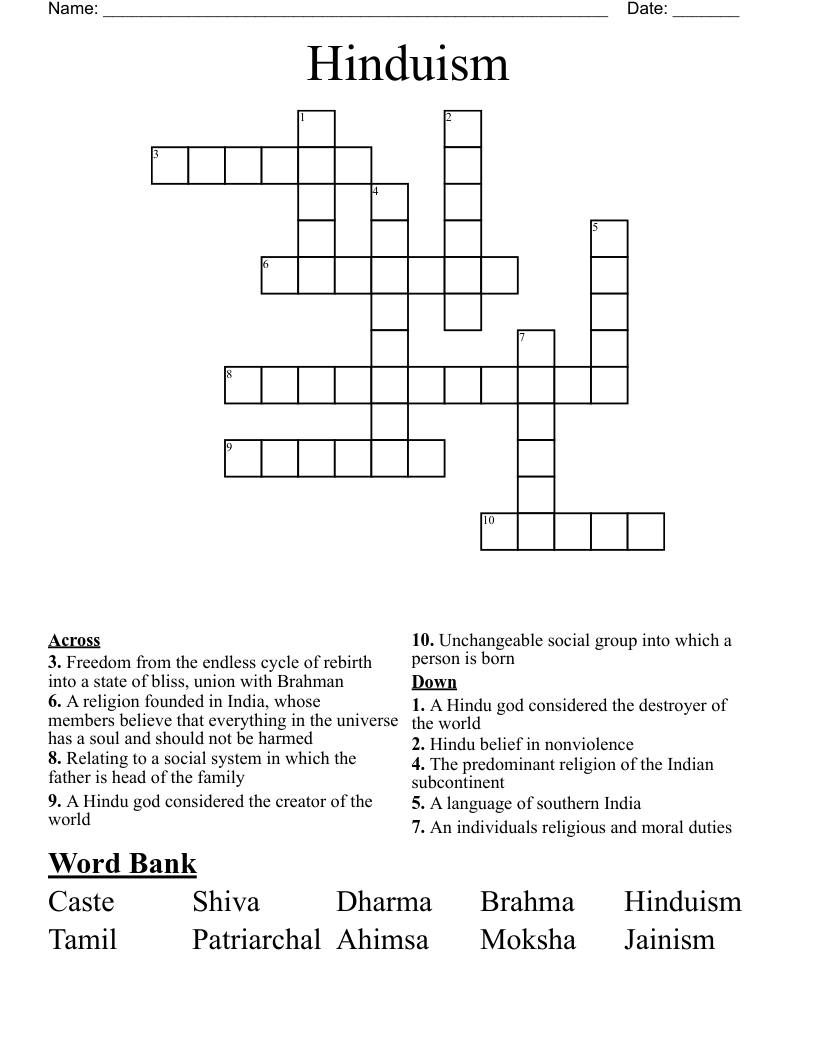 Hinduism Crossword