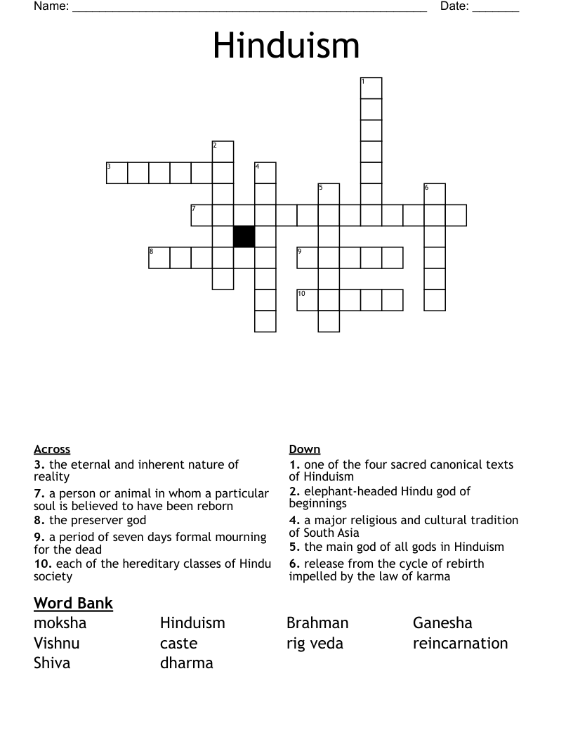 Hinduism Crossword