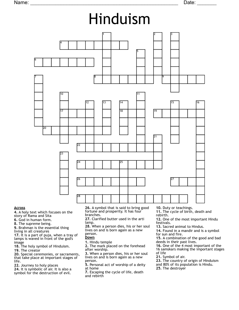 Hinduism Crossword