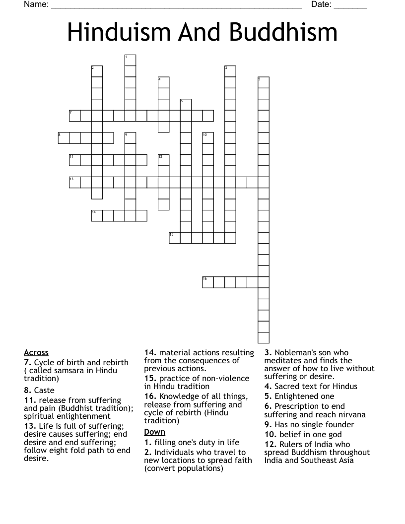 Hinduism And Buddhism  Crossword