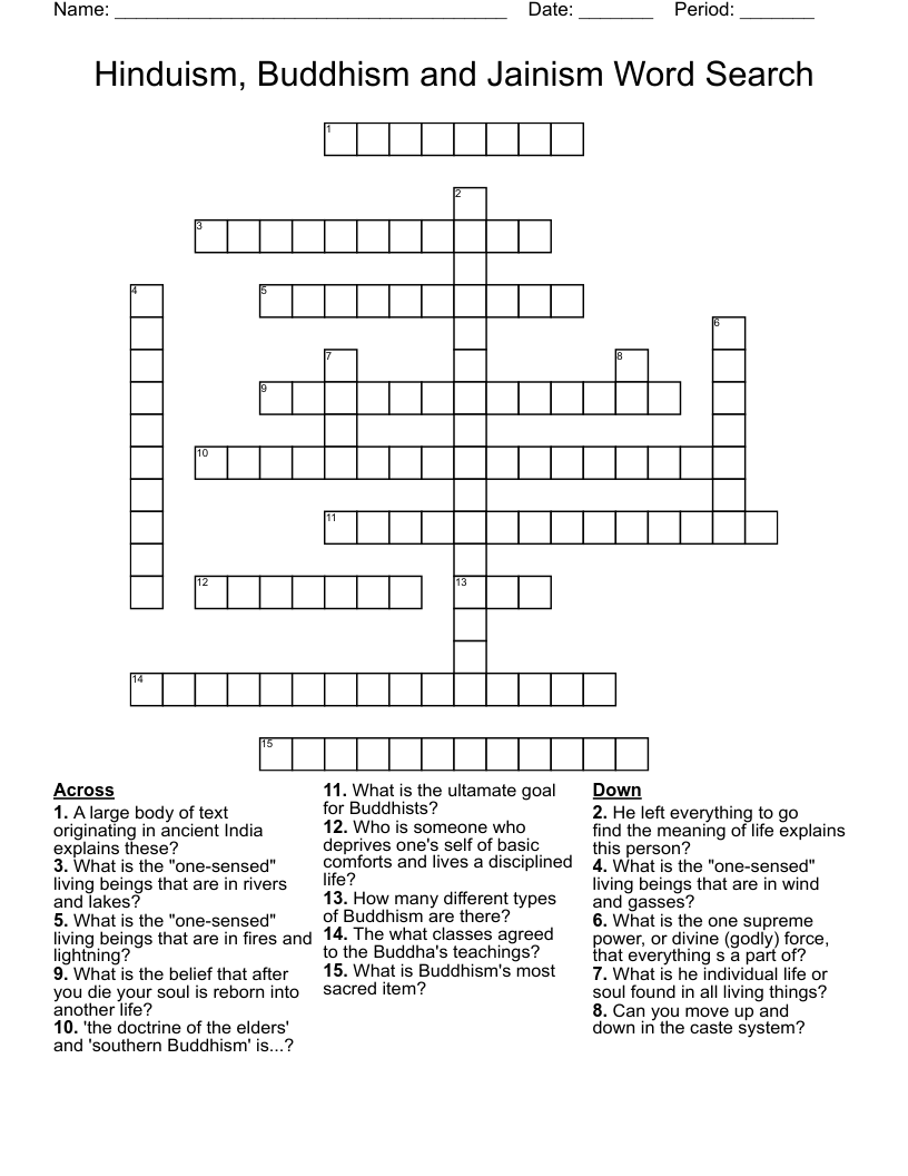 Hinduism, Buddhism and Jainism Word Search Crossword