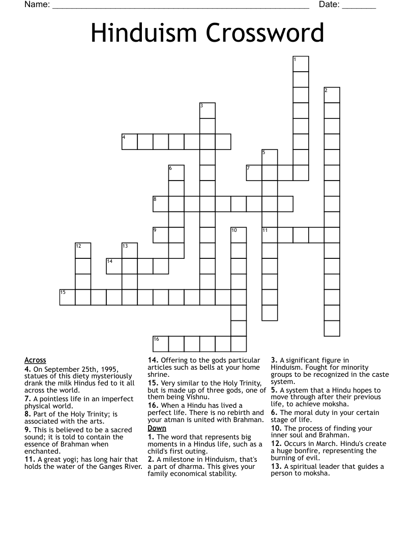 Hinduism Crossword