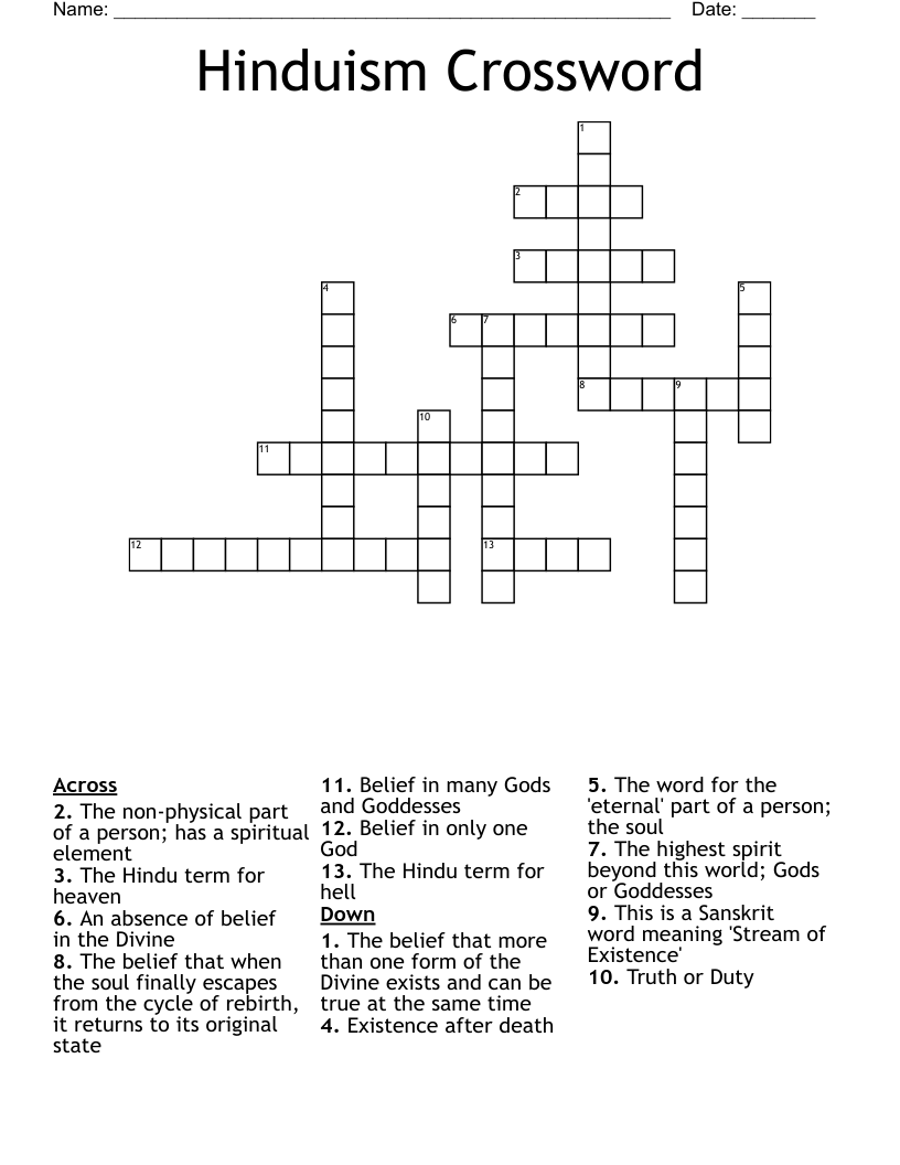 Hinduism Crossword