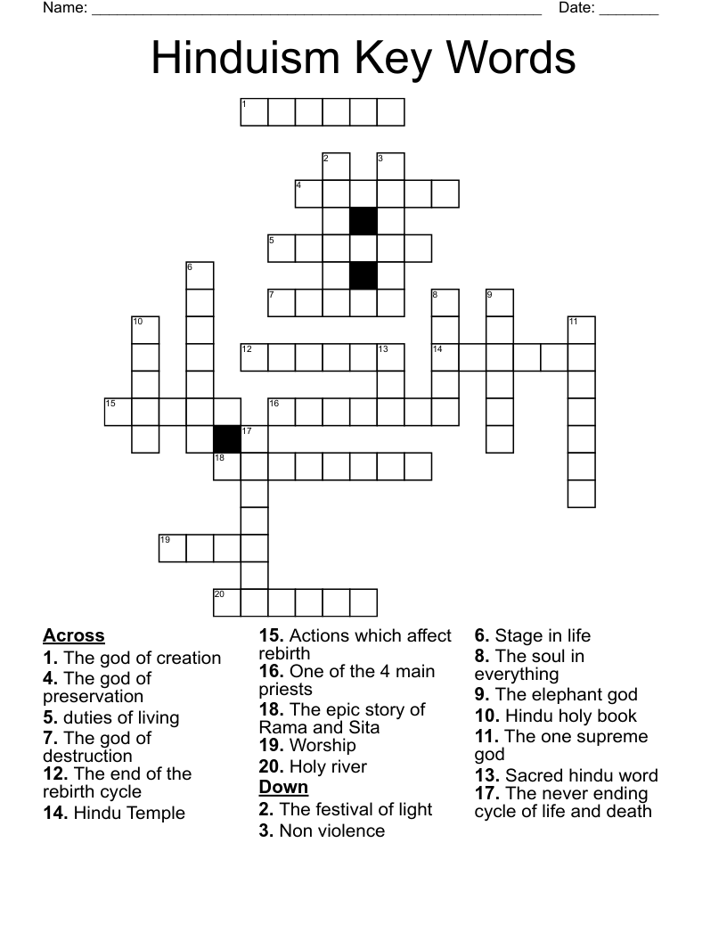 Hinduism Key Words Crossword