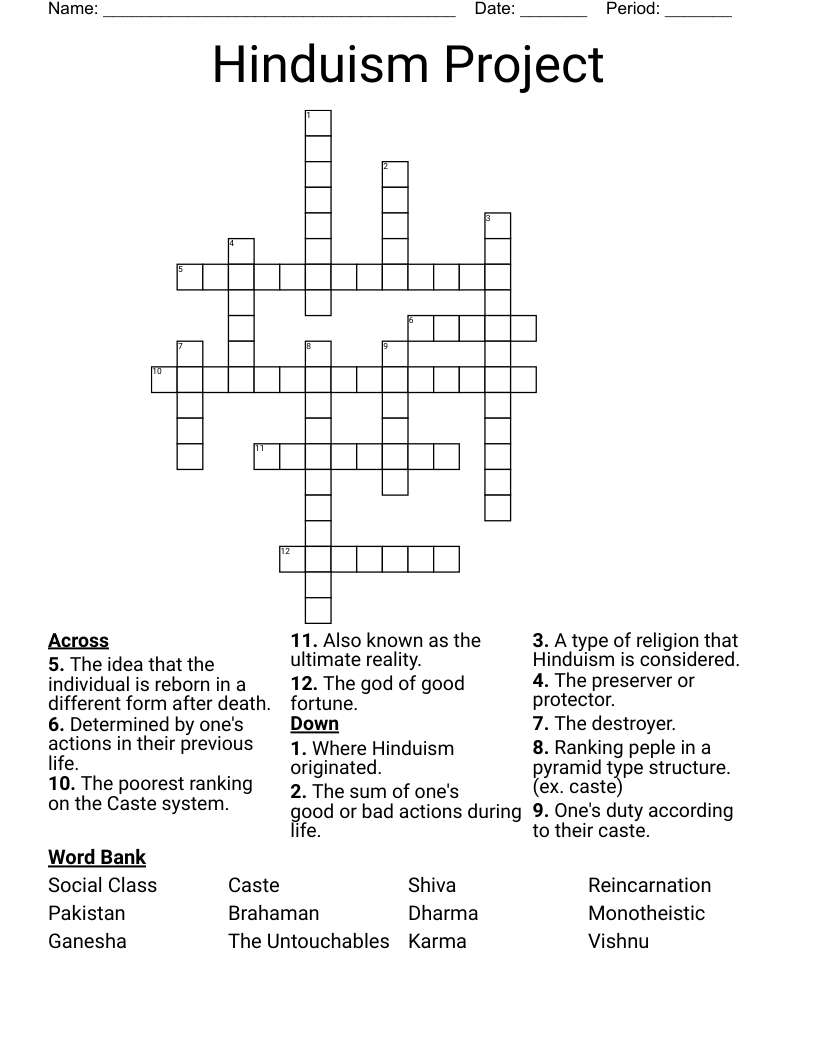 Hinduism Project Crossword
