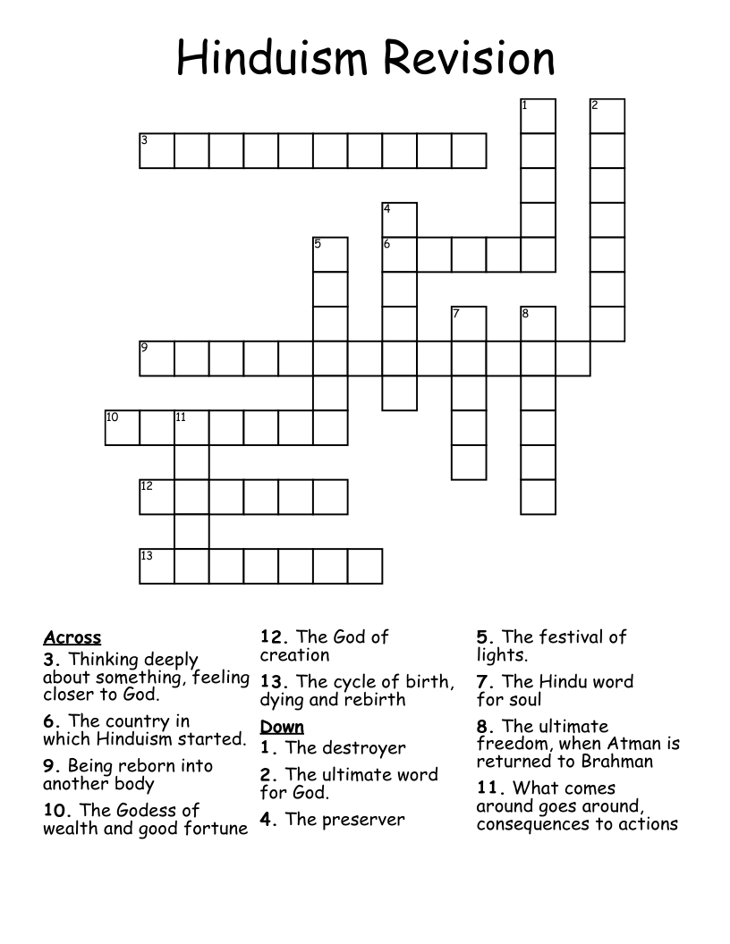 Hinduism Revision Crossword