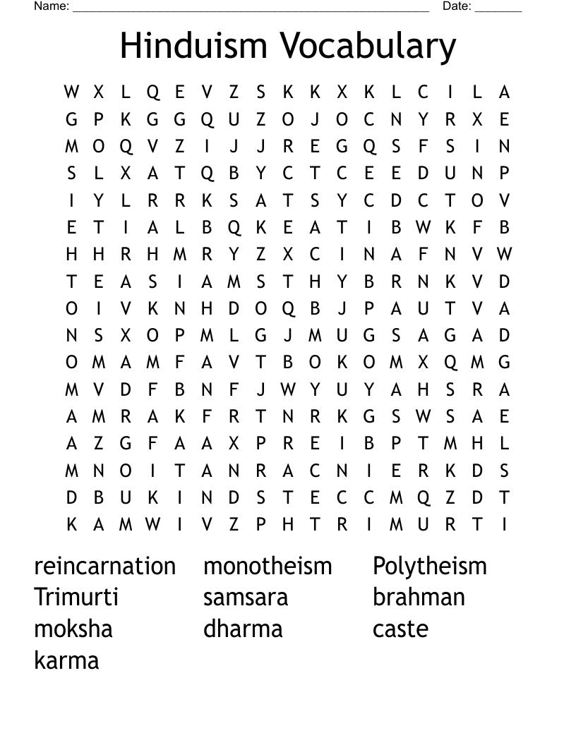 Hinduism Vocabulary Word Search