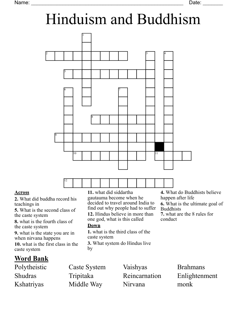Hinduism and Buddhism Crossword