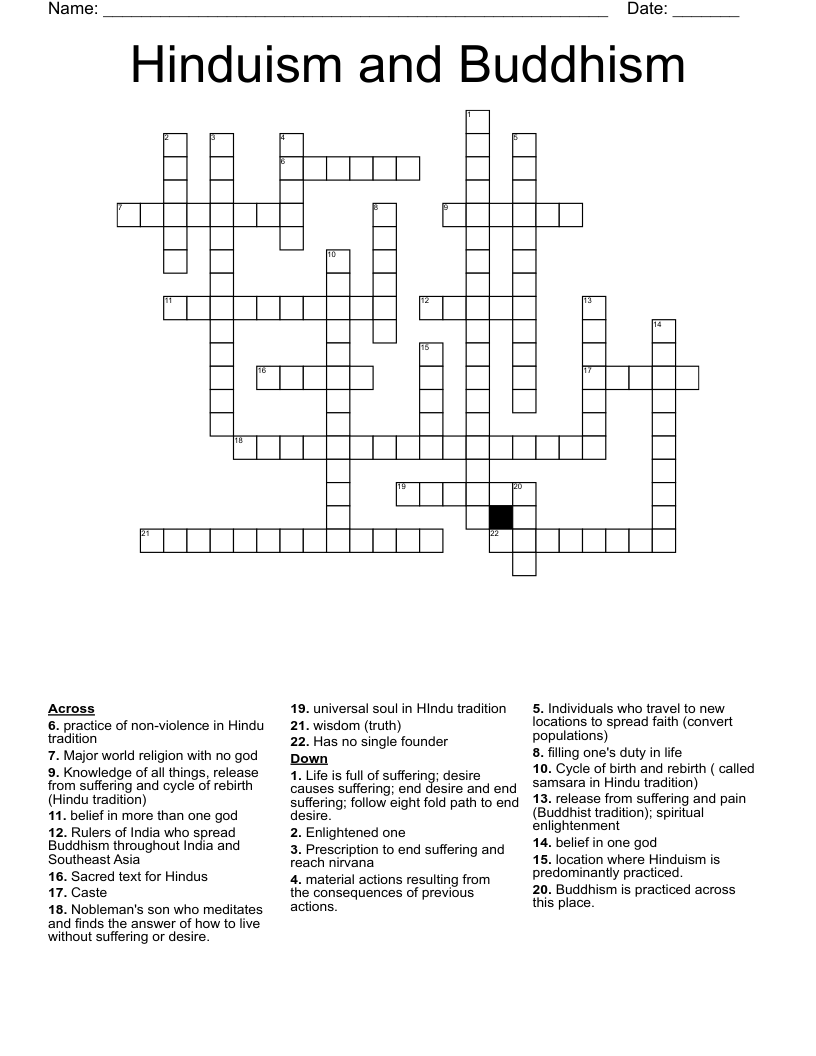 Hinduism and Buddhism Crossword