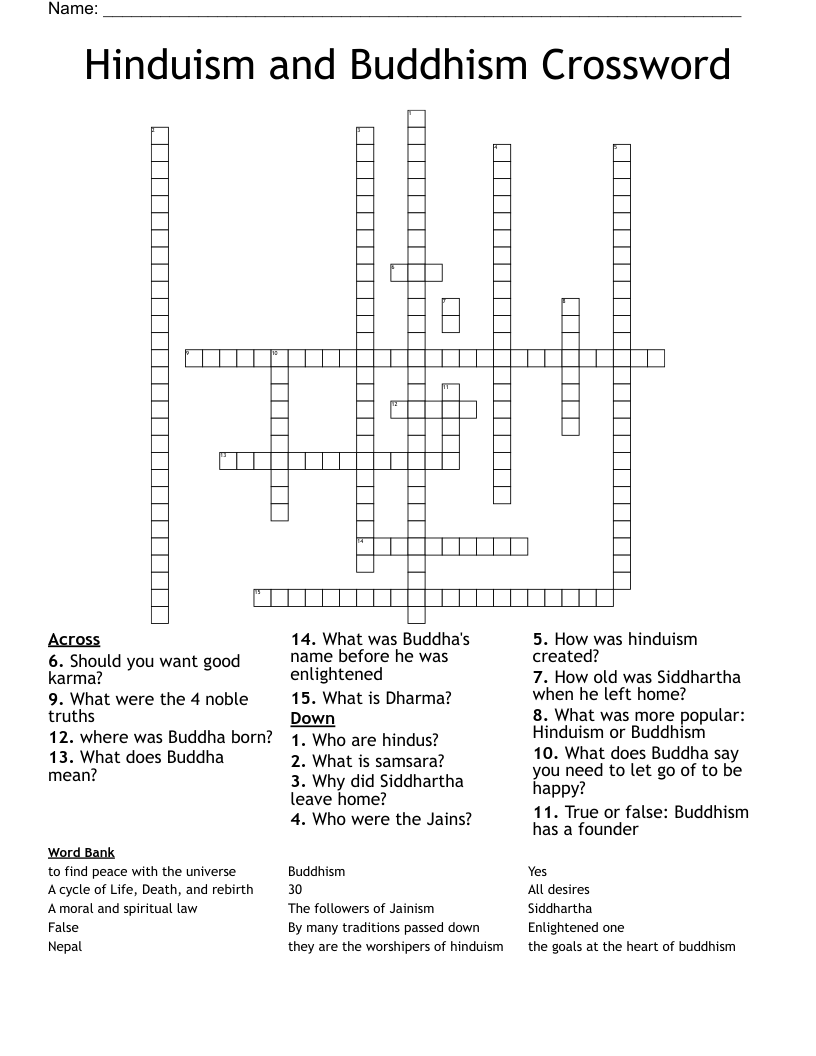Hinduism and Buddhism Crossword