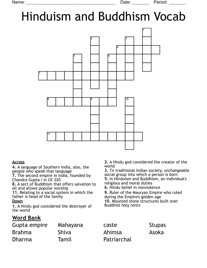 Hinduism and Buddhism Vocab Crossword