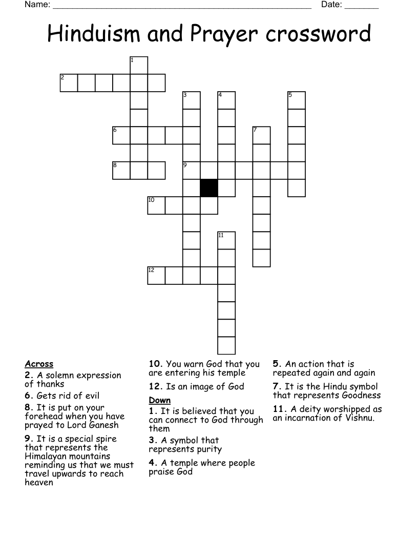 Hinduism and Prayer crossword 