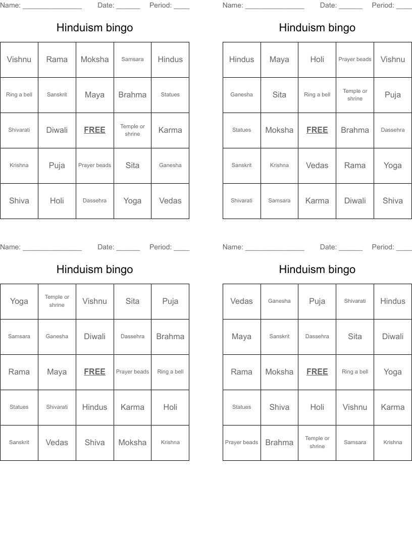 Hinduism bingo