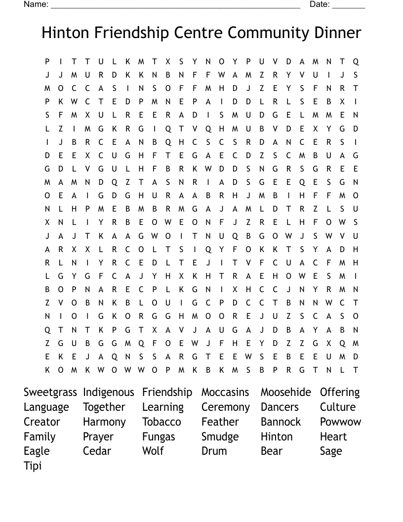 Hinton Friendship Centre Community Dinner Word Search