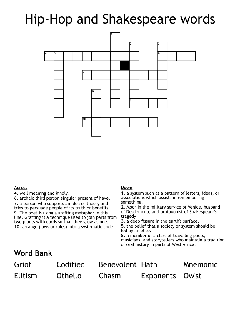Hip-Hop and Shakespeare words Crossword