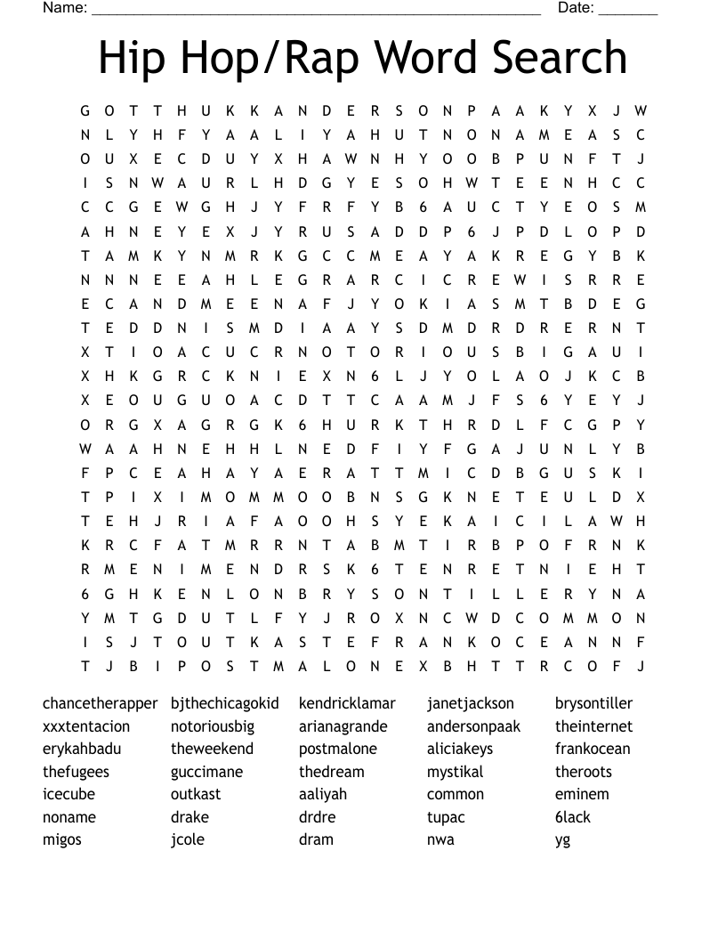 Hip Hop/Rap Word Search