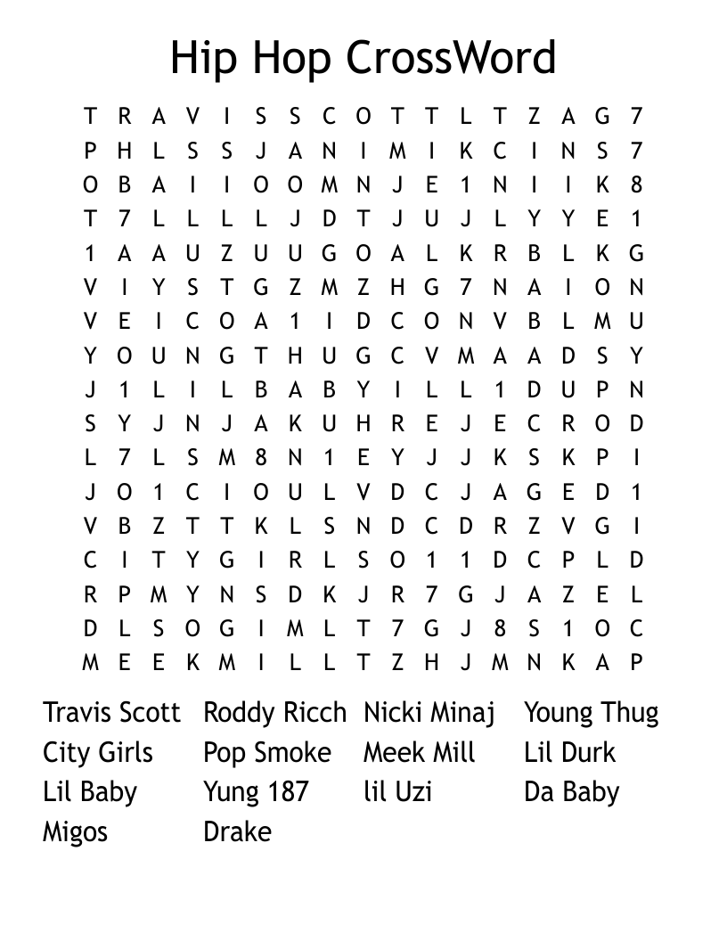 Hip Hop CrossWord Word Search