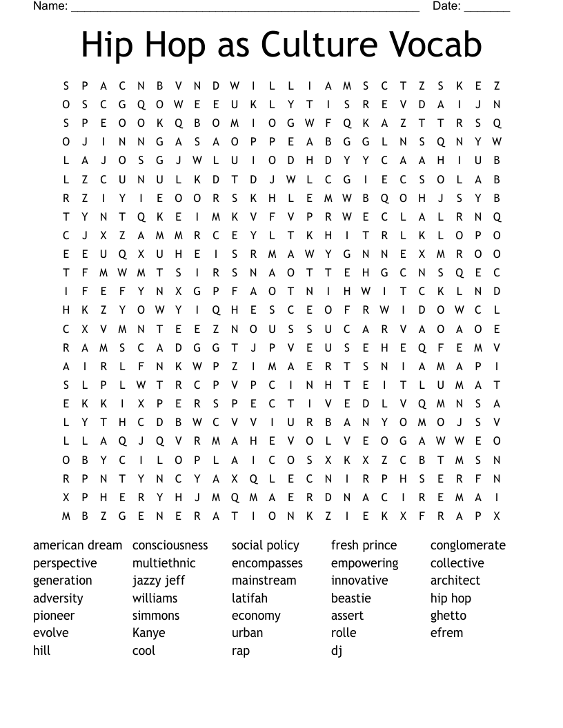 Hip Hop as Culture Vocab Word Search