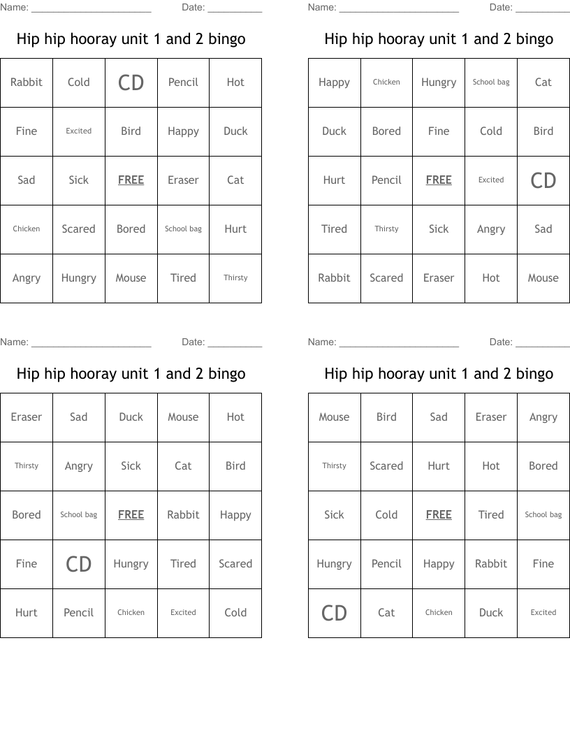 Hip hip hooray unit 1 and 2 bingo