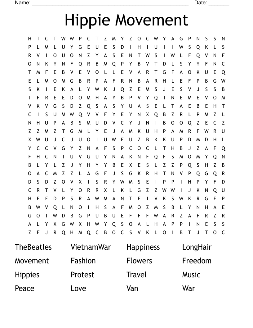 Hippie Movement Word Search