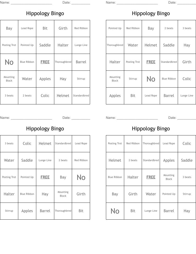 Hippology Bingo