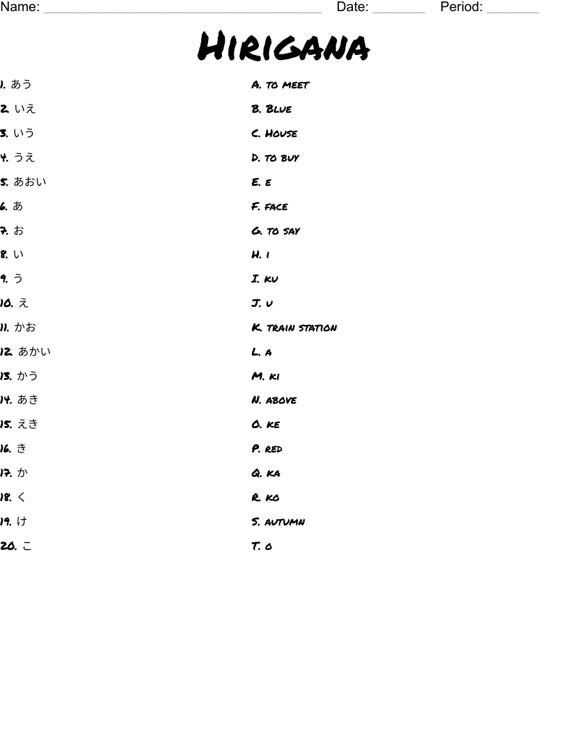 Hirigana Worksheet