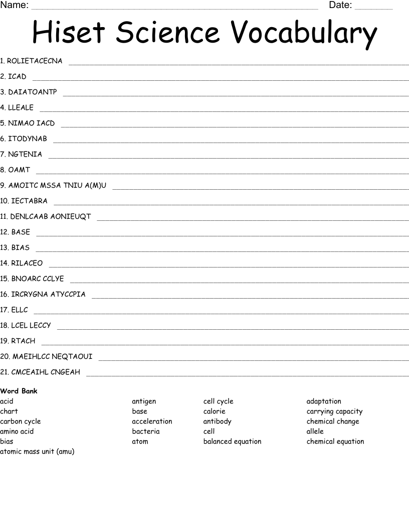 Hiset Science Vocabulary Word Scramble