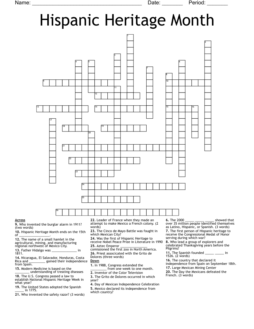 Hispanic Heritage Month Crossword