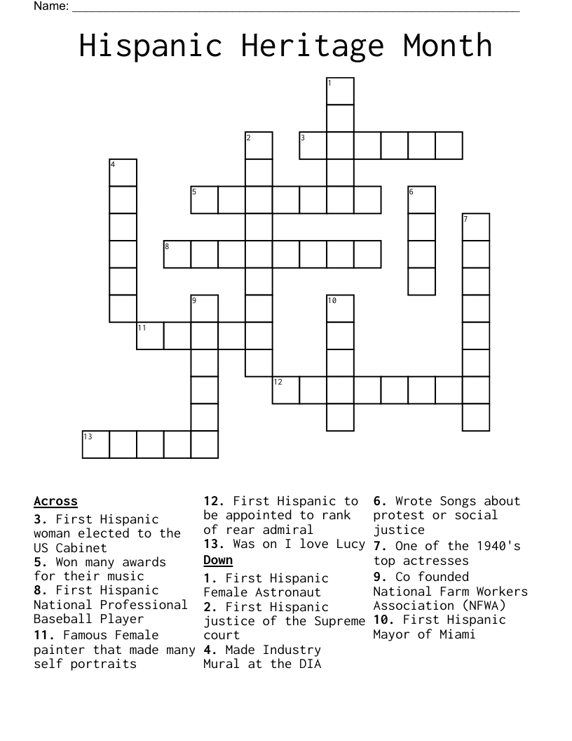 Hispanic Heritage Month Crossword