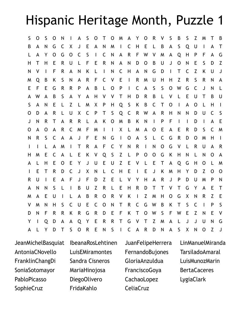 Hispanic Heritage Month, Puzzle 1 Word Search