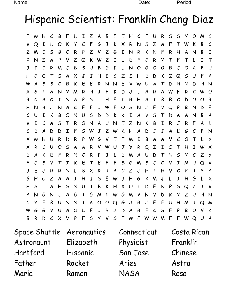 Hispanic Scientist: Franklin Chang-Diaz Word Search