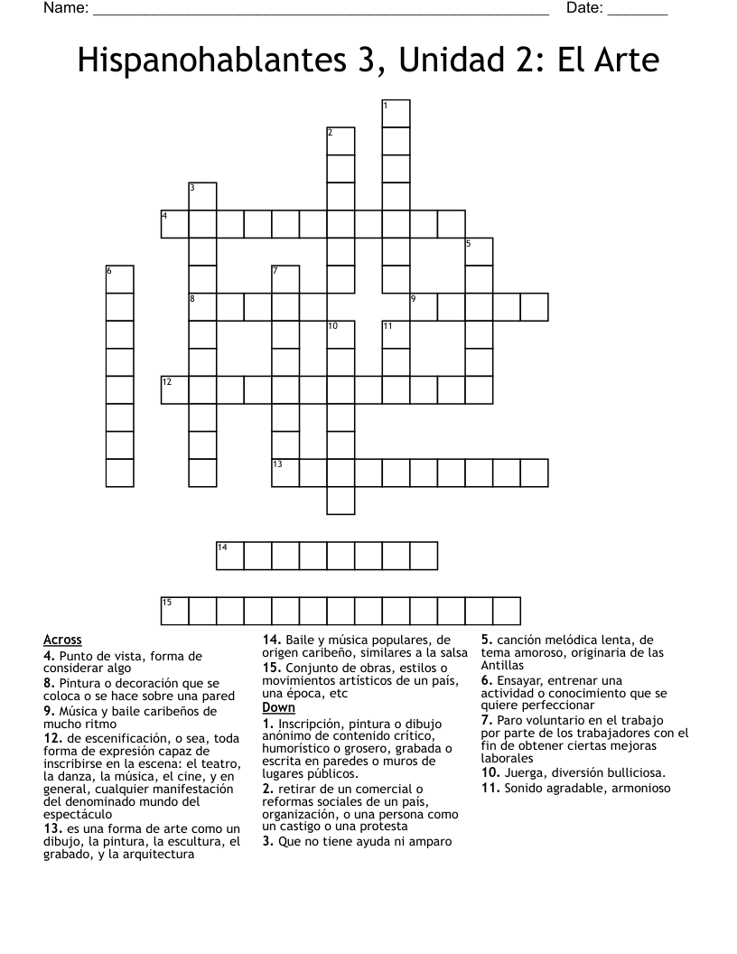 Hispanohablantes 3, Unidad 2: El Arte Crossword