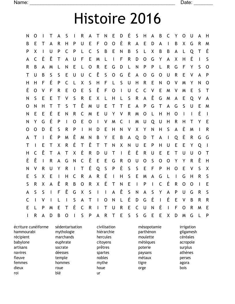 Histoire 2016 Word Search