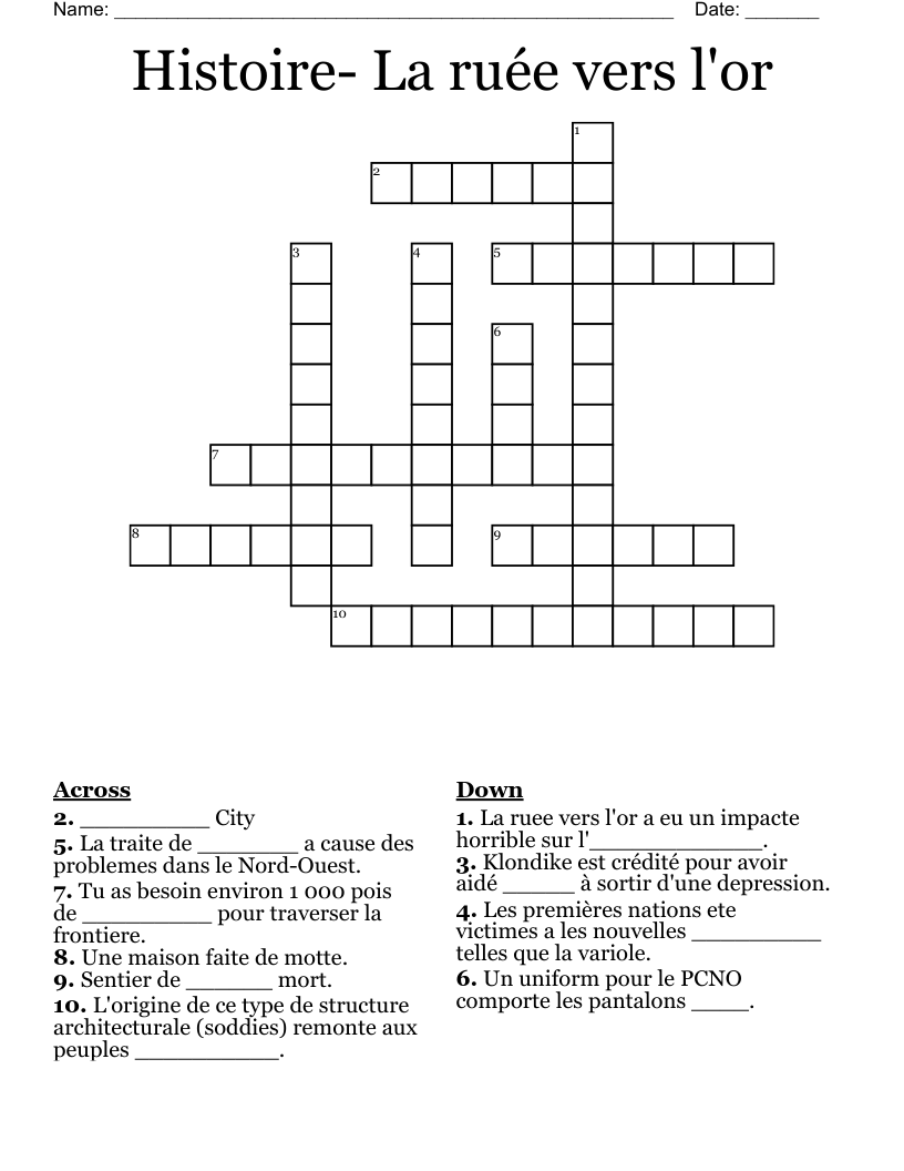 Histoire- La ruée vers l'or Crossword
