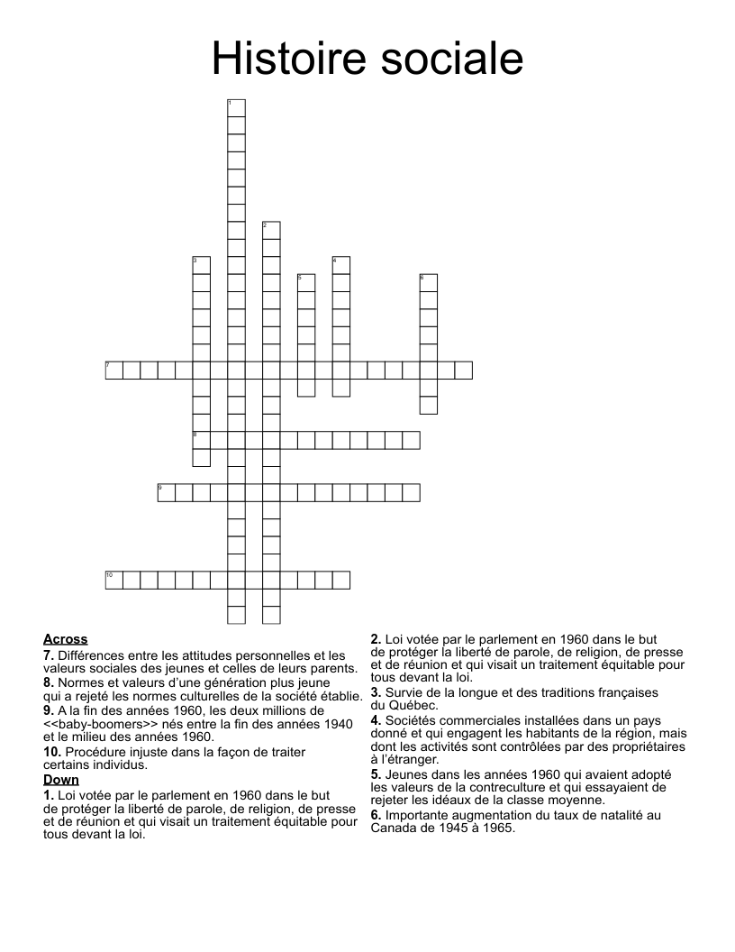 Histoire sociale Crossword