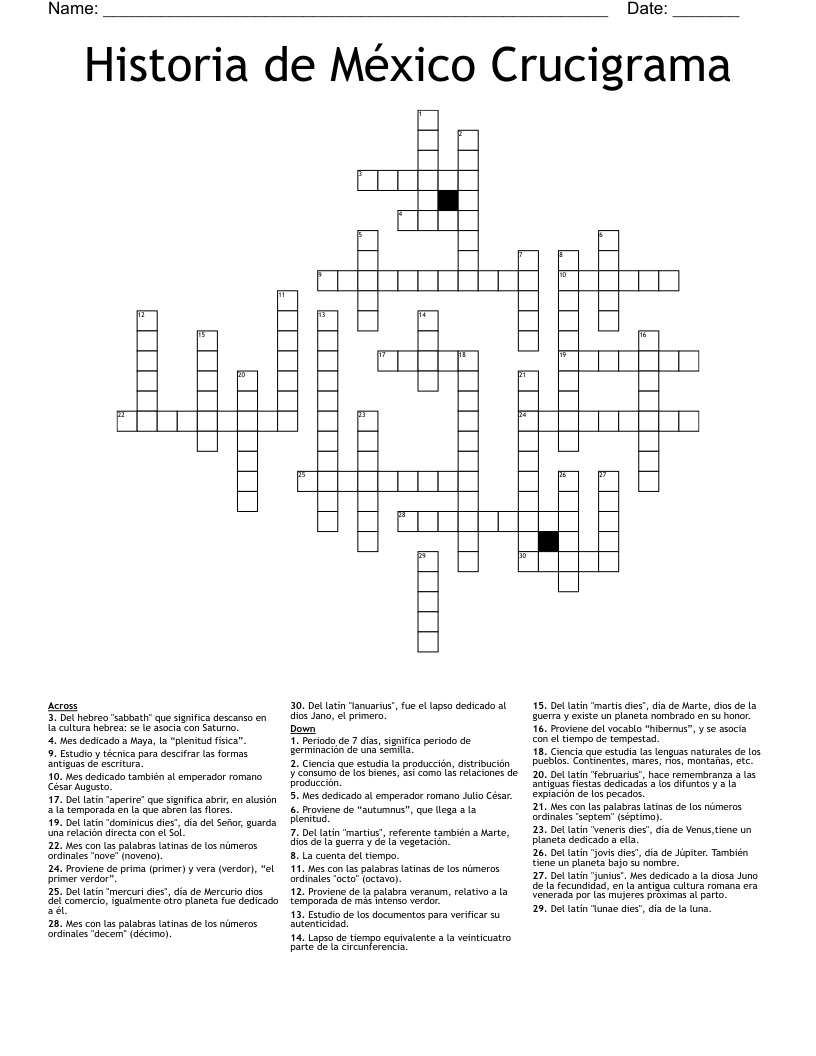 Historia de México Crucigrama Crossword