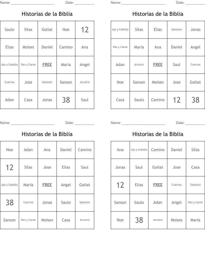 Historias de la Biblia Bingo Cards