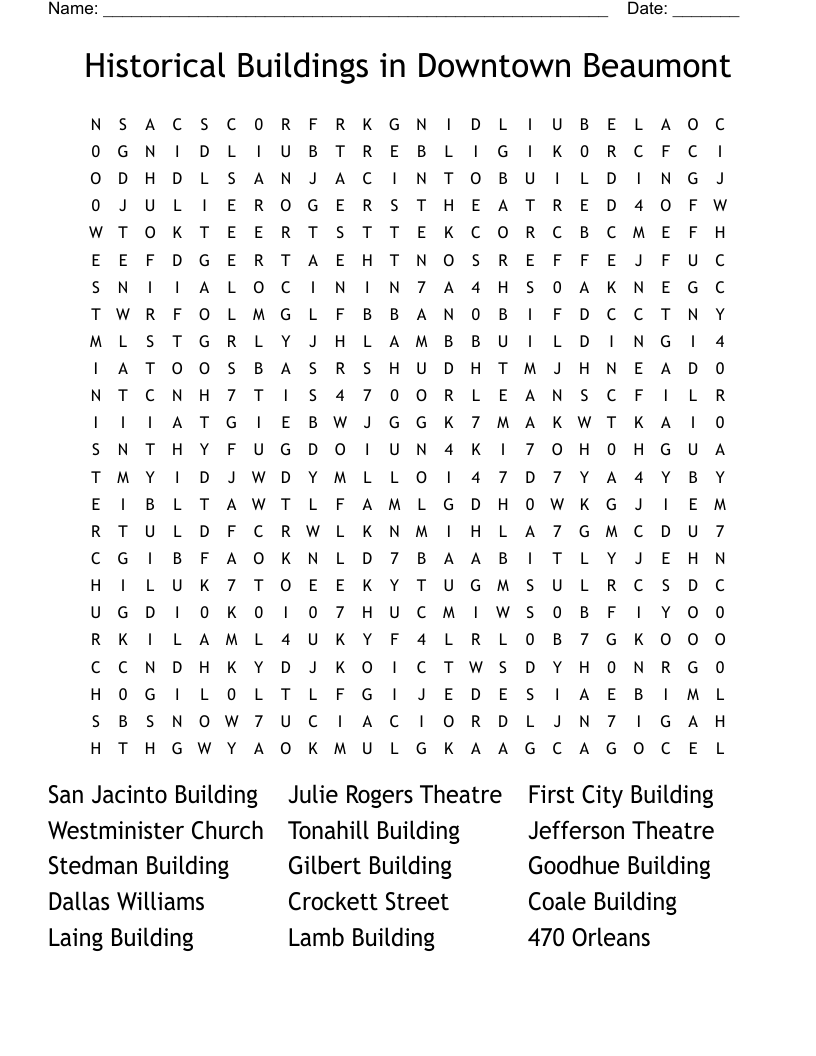 Historical Buildings in Downtown Beaumont Word Search