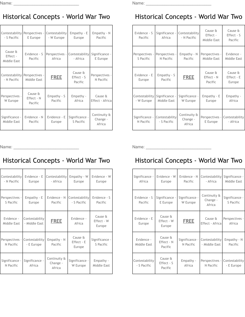 Historical Concepts - World War Two Bingo Cards