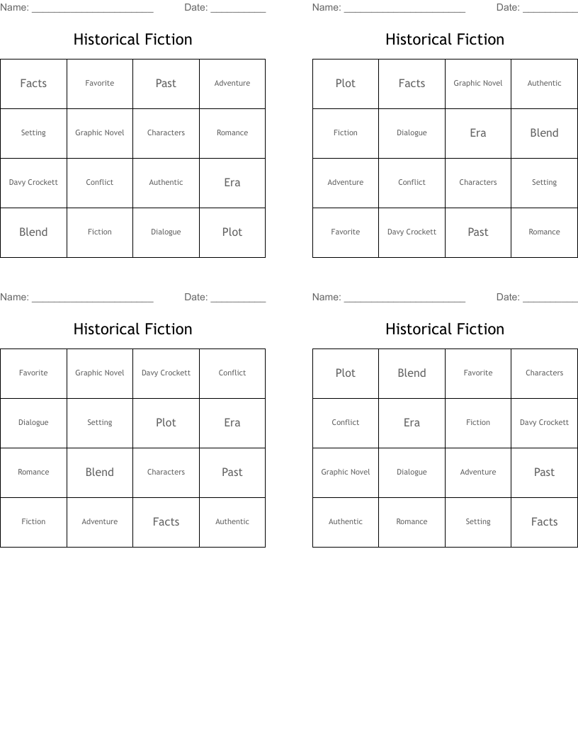 Historical Fiction Bingo Cards