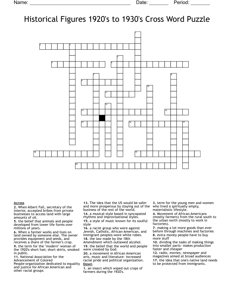 Historical Figures 1920's to 1930's Cross Word Puzzle
