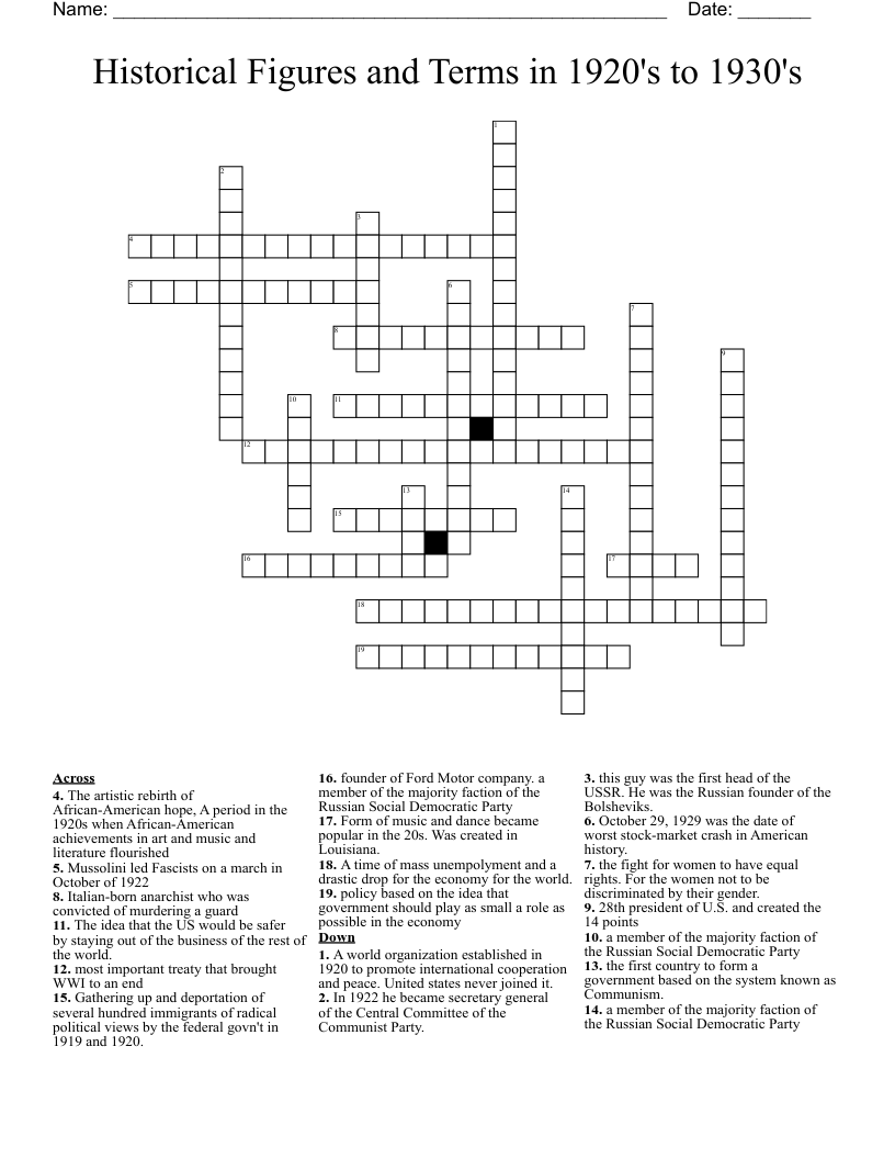 Historical Figures and Terms in 1920's to 1930's Crossword