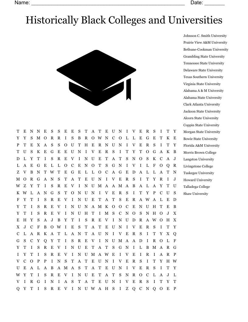 Historically Black Colleges and Universities Word Search
