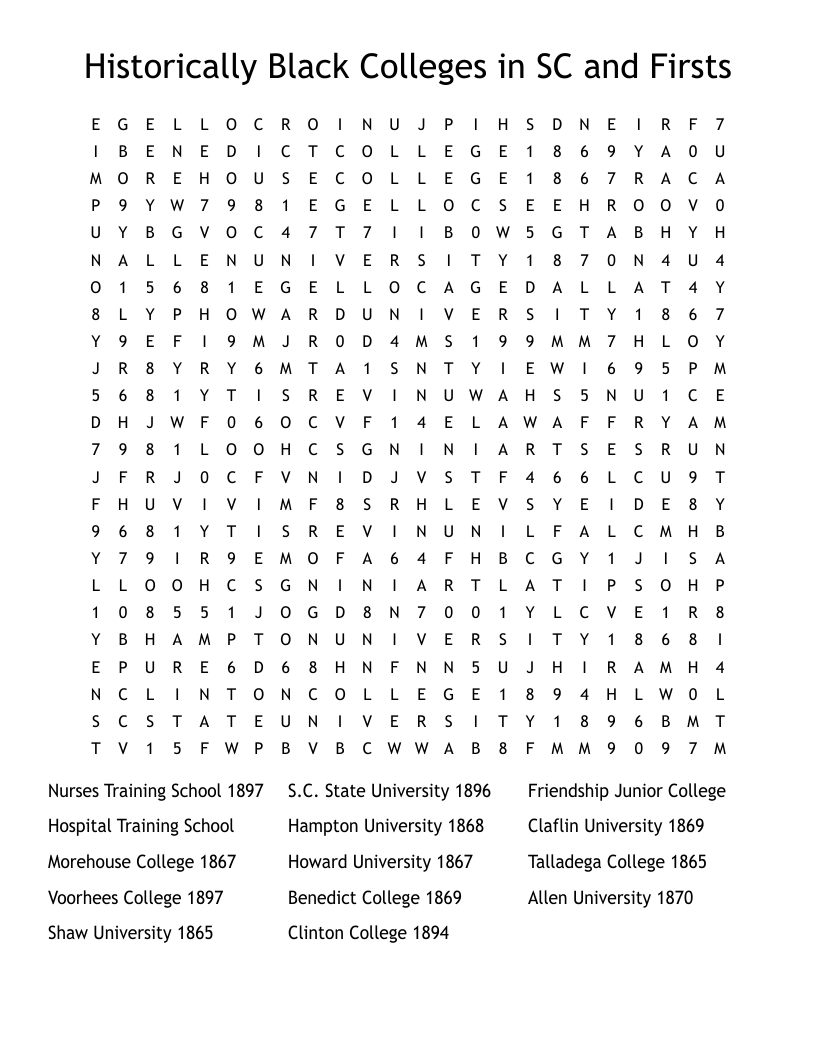 Historically Black Colleges in SC and Firsts Word Search